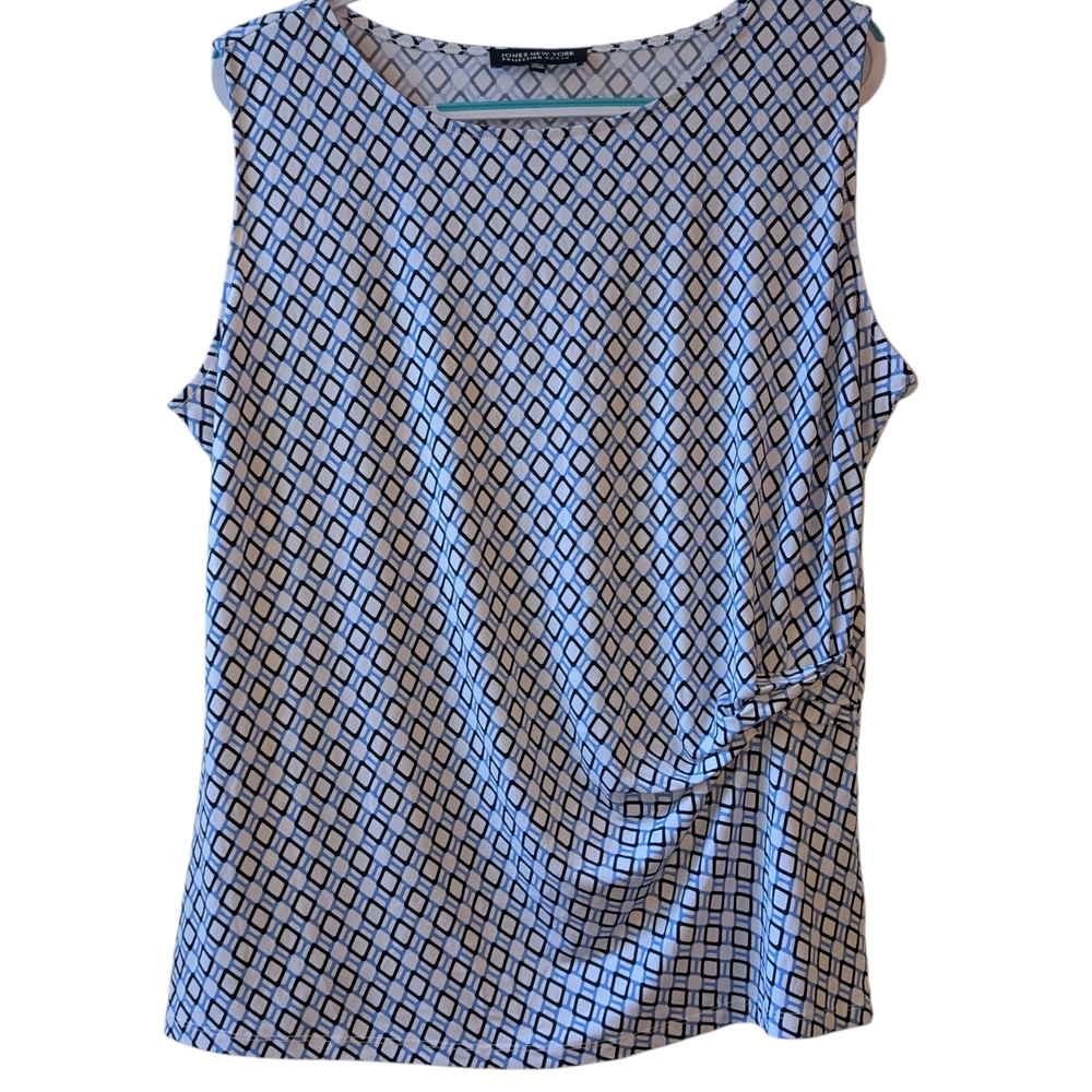 JONES NEW YORK WOMEN'S BLUE/WHITE/BLACK GEOMETRIC SLEEVELESS BLOUSE SIZE 2X